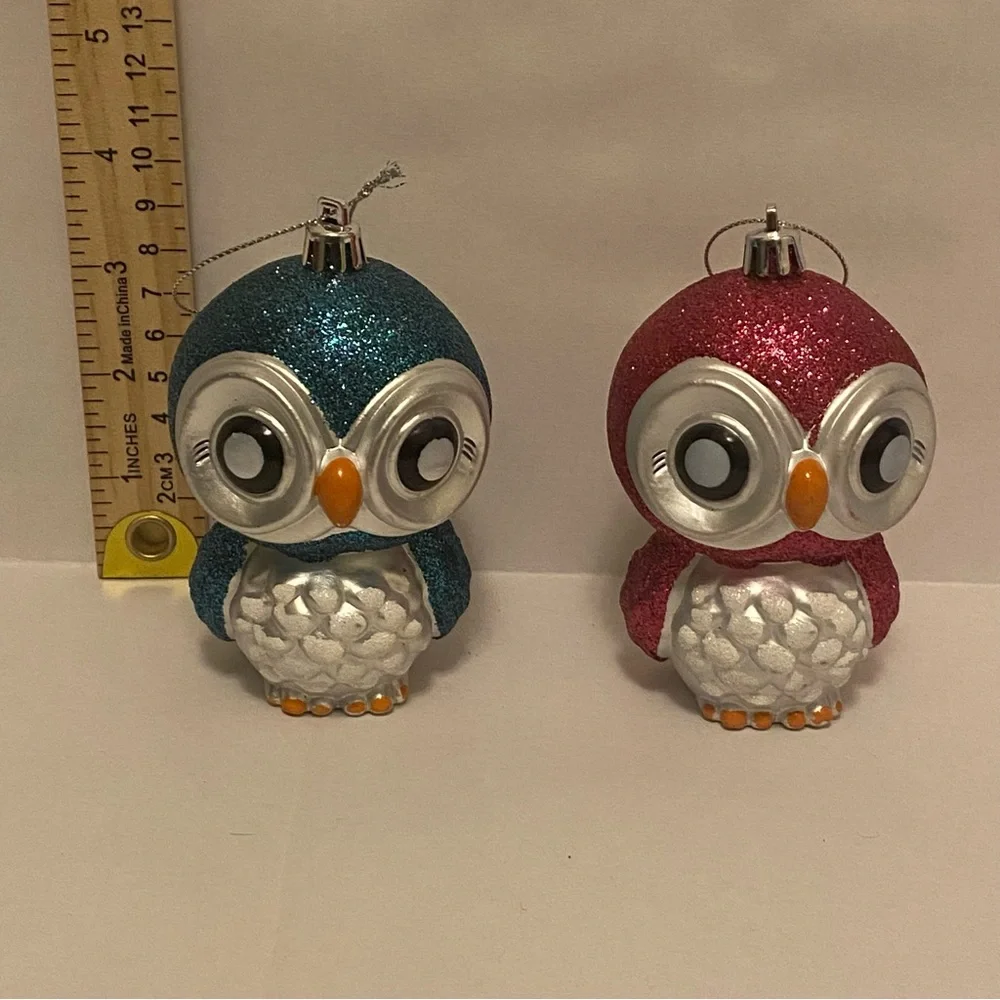 Blue & Pink Glitter Owl Ornament Duo - Glitter Holiday Decorations